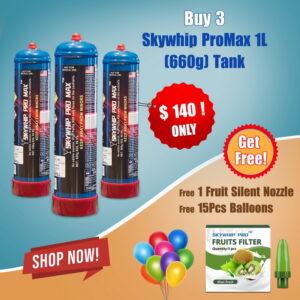 3 Skywhip Pro Max 1L (660g) Tanks (Free 1 Fruit Silent Nozzle & 15pcs Balloons)